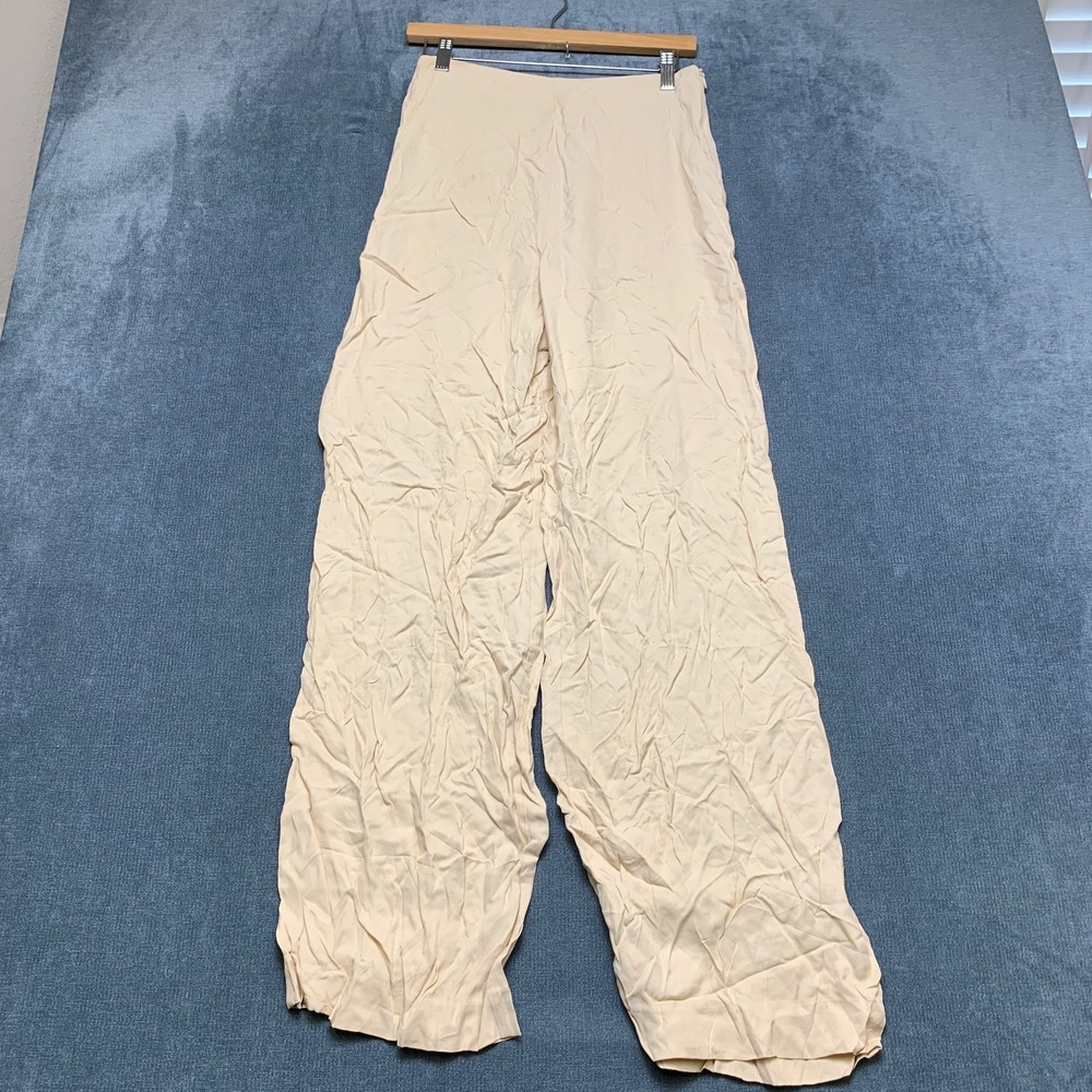 Zara Pants Womens Small Beige Relaxed Fit High Waisted Wide Leg Flowy Minimalist